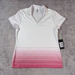 Inphorm Shirt Womens Large White Pink Plumeria Ombre Polo V Neck Tennis Golf New